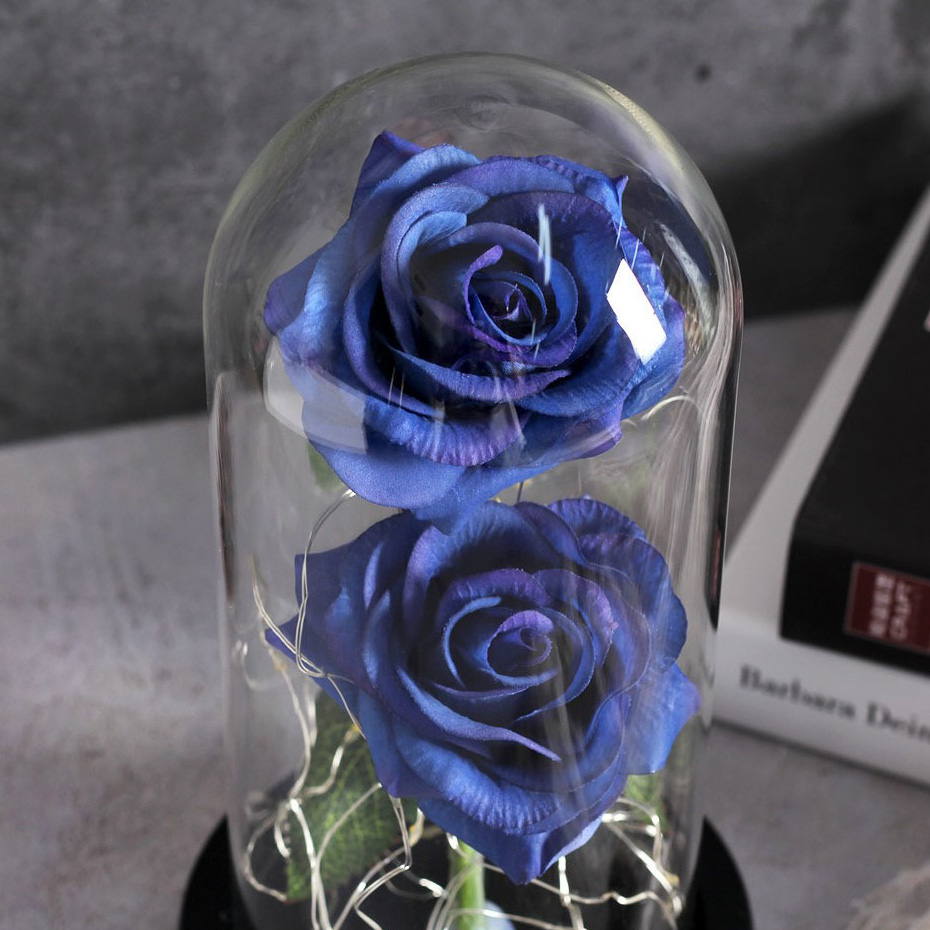 Forever Rose 2 Παντοτινά Τριαντάφυλλα σε Γυάλινο Βάζο με Θερμό LED Φωτισμό 19x11cm - Μπλε